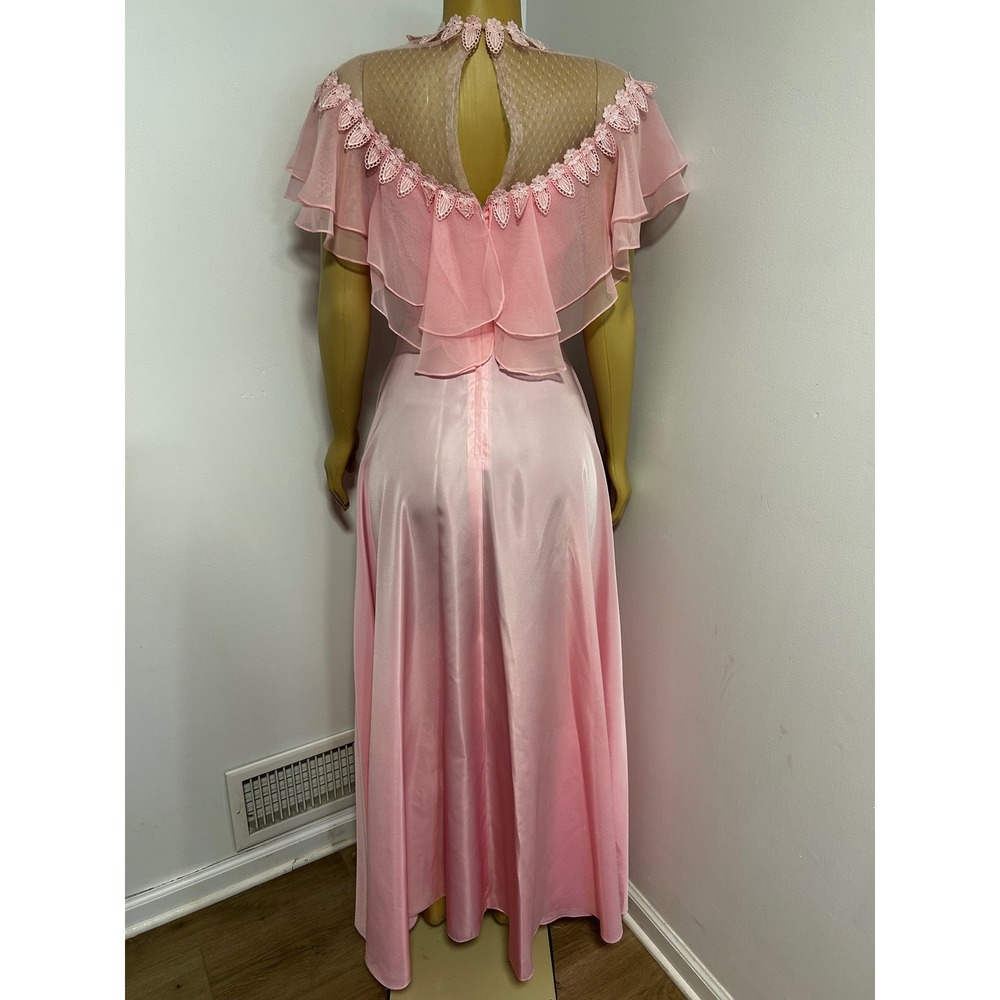Vintage 70s Pink Maxi Dress Lace Mesh Yoke Flutter Sleeve Romantic Prom 9/10 - Picture 5 of 6